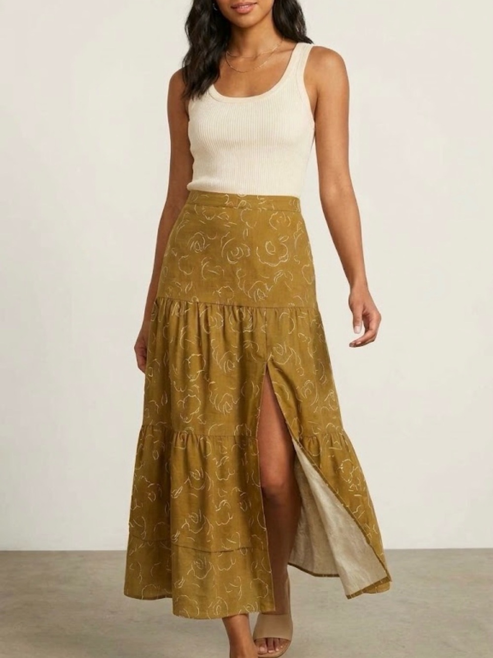 Nine West Mustard Tiered Maxi Skirt with Side Slit